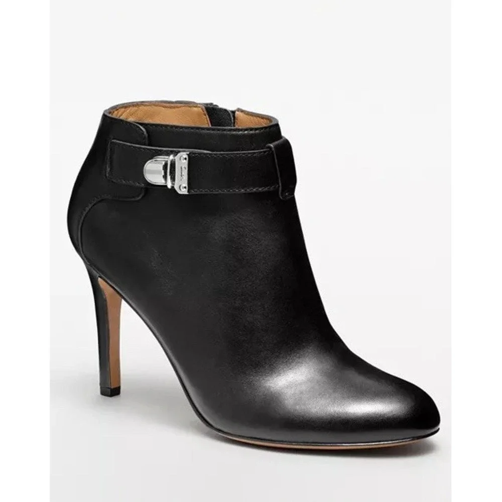 COACH Boots Womens 6.5 Black Sondra Leather High Heel Belted Booties‎